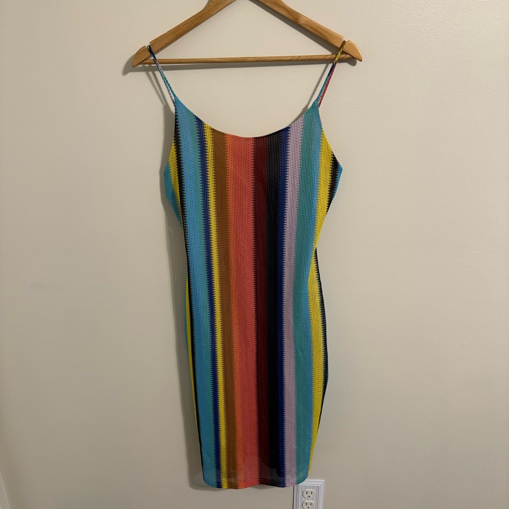 Lovely Day Multicolored Stripes Summer Spaghetti Strap Above Knee Dress Size L